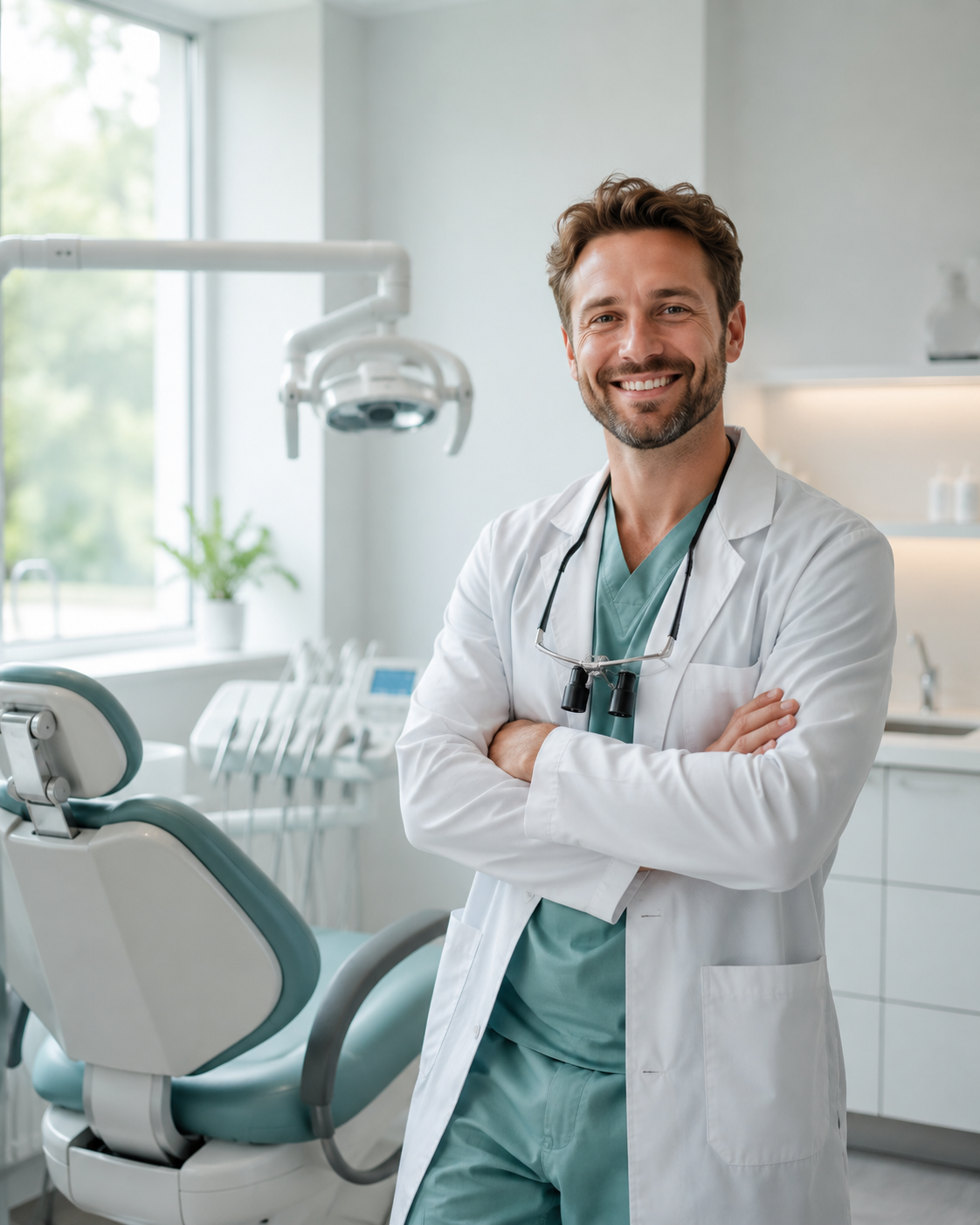 Friendly dentist smiling in a bright modern clinic